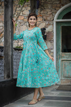 Kaajh Women's Sea Green Floral Printed Cotton Ethnic Dress | Grocsy
