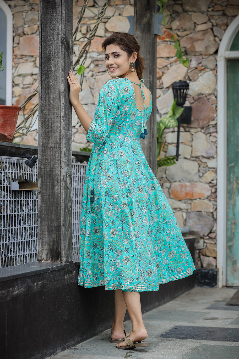 Kaajh Women's Sea Green Floral Printed Cotton Ethnic Dress | Grocsy