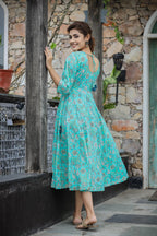 Kaajh Women's Sea Green Floral Printed Cotton Ethnic Dress | Grocsy