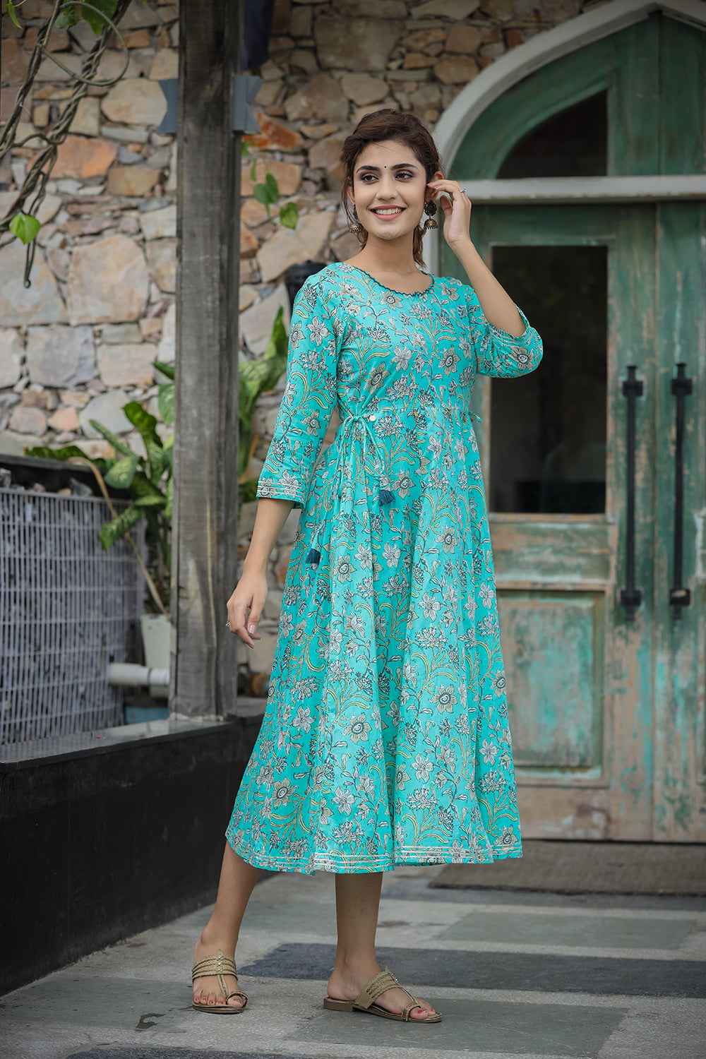 Kaajh Women's Sea Green Floral Printed Cotton Ethnic Dress | Grocsy