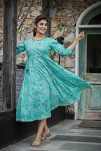 Kaajh Women's Sea Green Floral Printed Cotton Ethnic Dress | Grocsy