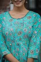 Kaajh Women's Sea Green Floral Printed Cotton Ethnic Dress | Grocsy