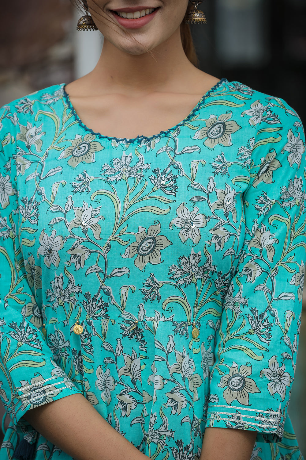 Kaajh Women's Sea Green Floral Printed Cotton Ethnic Dress | Grocsy