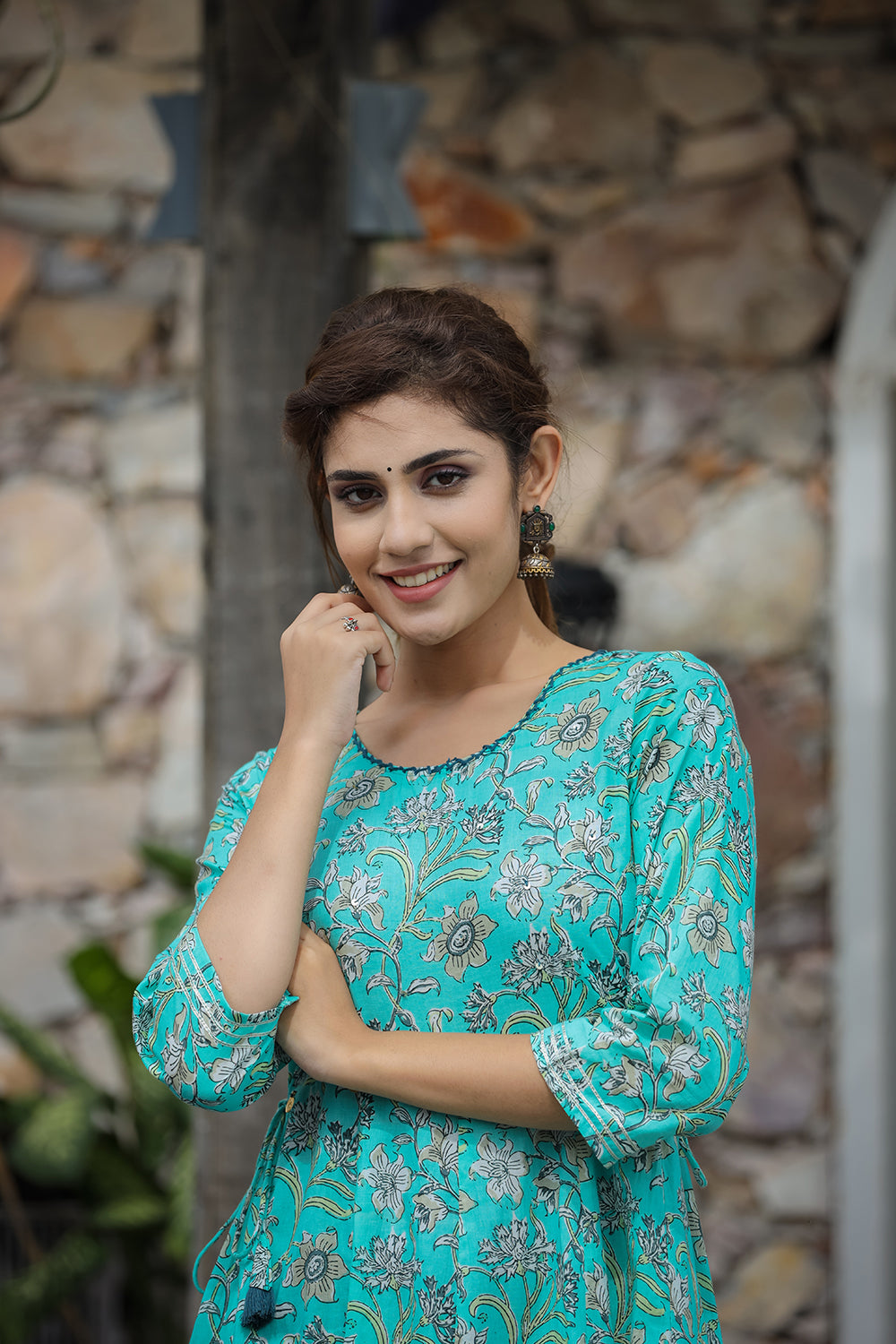 Kaajh Women's Sea Green Floral Printed Cotton Ethnic Dress | Grocsy