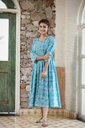 Kaajh Women's Sky Blue Floral Printed Cotton Ethnic Dress | Grocsy