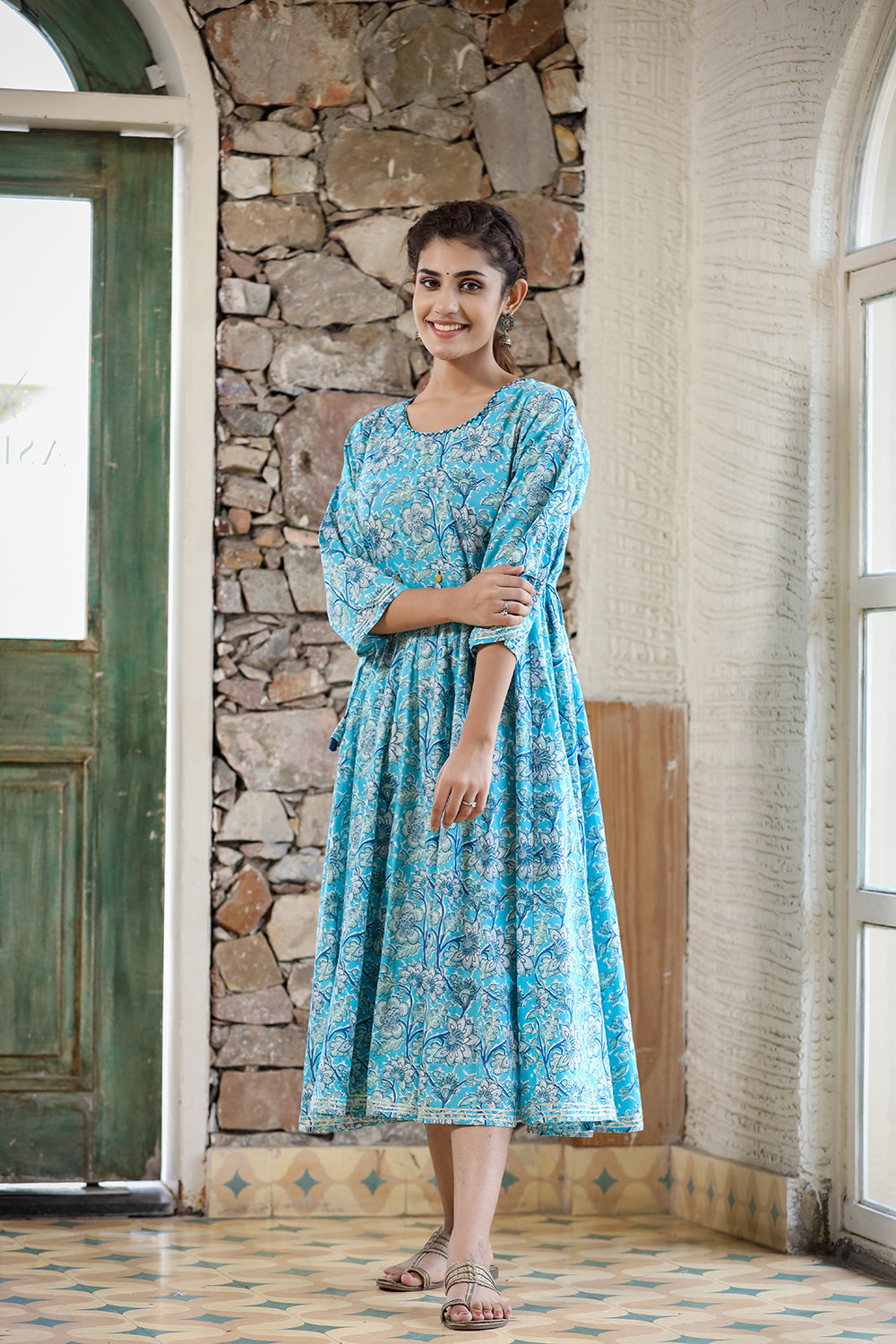 Kaajh Women's Sky Blue Floral Printed Cotton Ethnic Dress | Grocsy