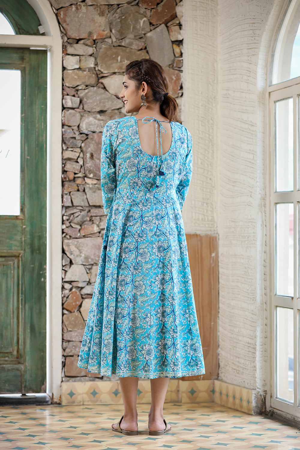 Kaajh Women's Sky Blue Floral Printed Cotton Ethnic Dress | Grocsy