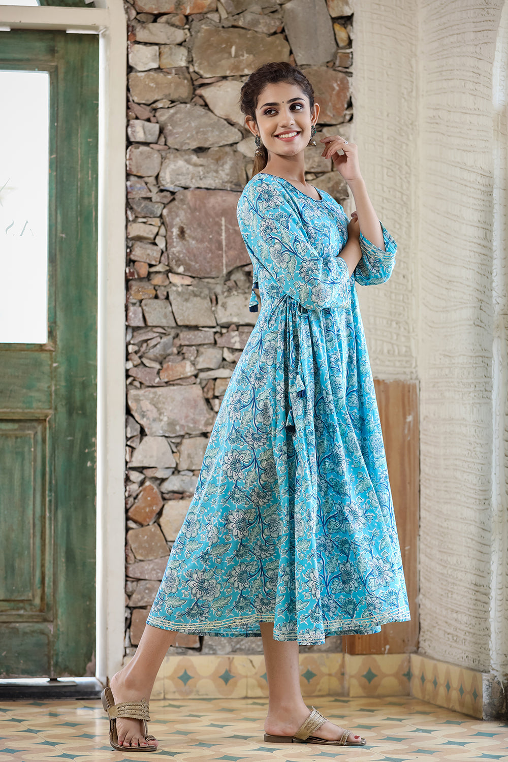 Kaajh Women's Sky Blue Floral Printed Cotton Ethnic Dress | Grocsy