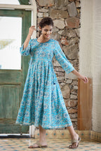 Kaajh Women's Sky Blue Floral Printed Cotton Ethnic Dress | Grocsy