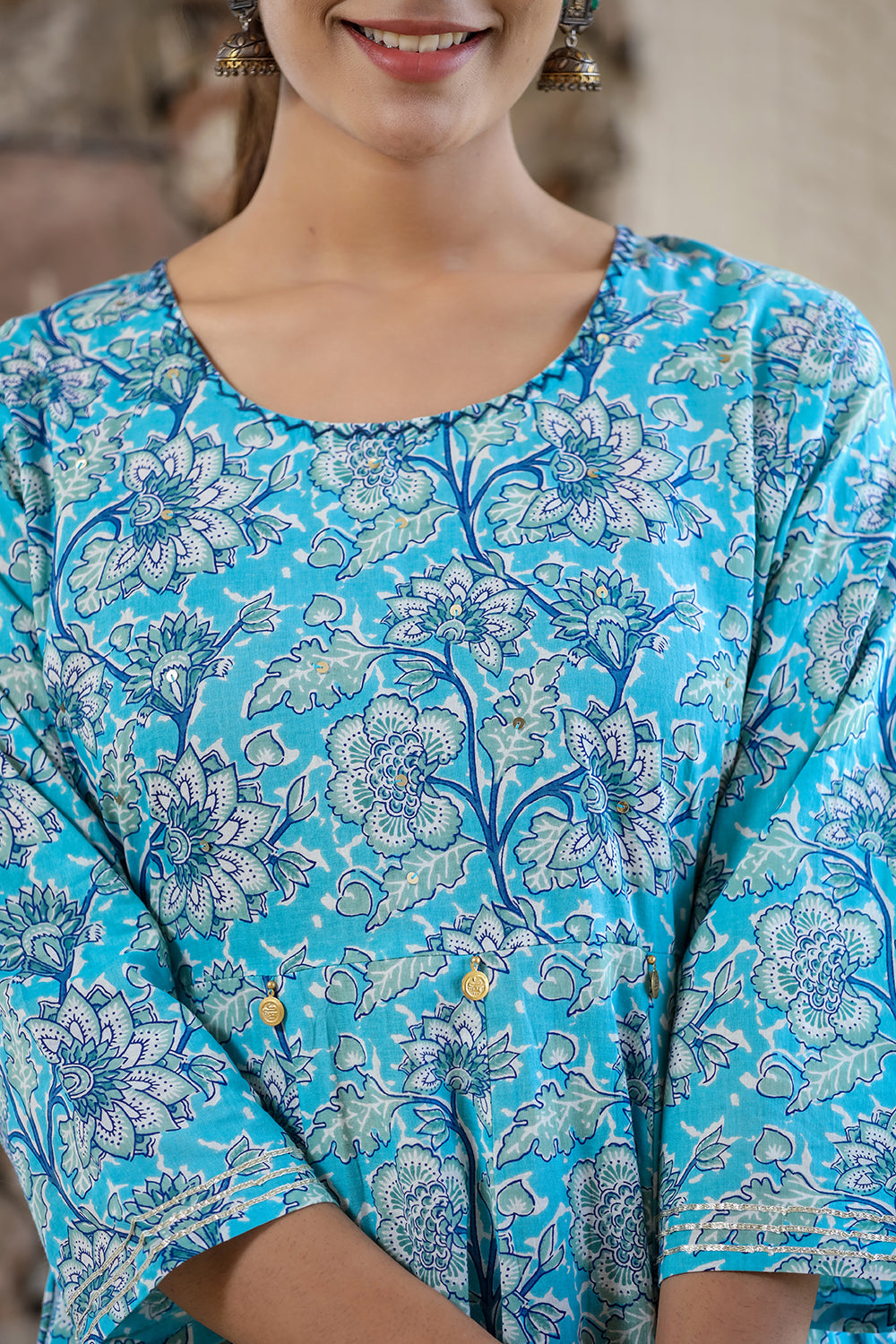 Kaajh Women's Sky Blue Floral Printed Cotton Ethnic Dress | Grocsy