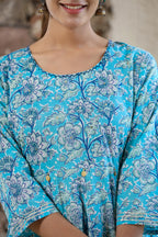 Kaajh Women's Sky Blue Floral Printed Cotton Ethnic Dress | Grocsy