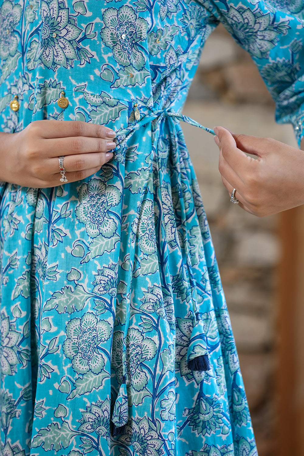 Kaajh Women's Sky Blue Floral Printed Cotton Ethnic Dress | Grocsy