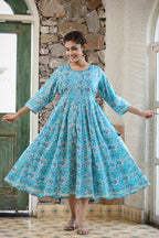 Kaajh Women's Sky Blue Floral Printed Cotton Ethnic Dress | Grocsy