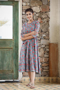 Kaajh Women's Blue Red Floral Printed Cotton Ethnic Dress | Grocsy