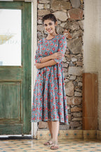 Kaajh Women's Blue Red Floral Printed Cotton Ethnic Dress | Grocsy