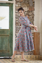 Kaajh Women's Blue Red Floral Printed Cotton Ethnic Dress | Grocsy