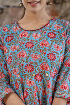 Kaajh Women's Blue Red Floral Printed Cotton Ethnic Dress | Grocsy
