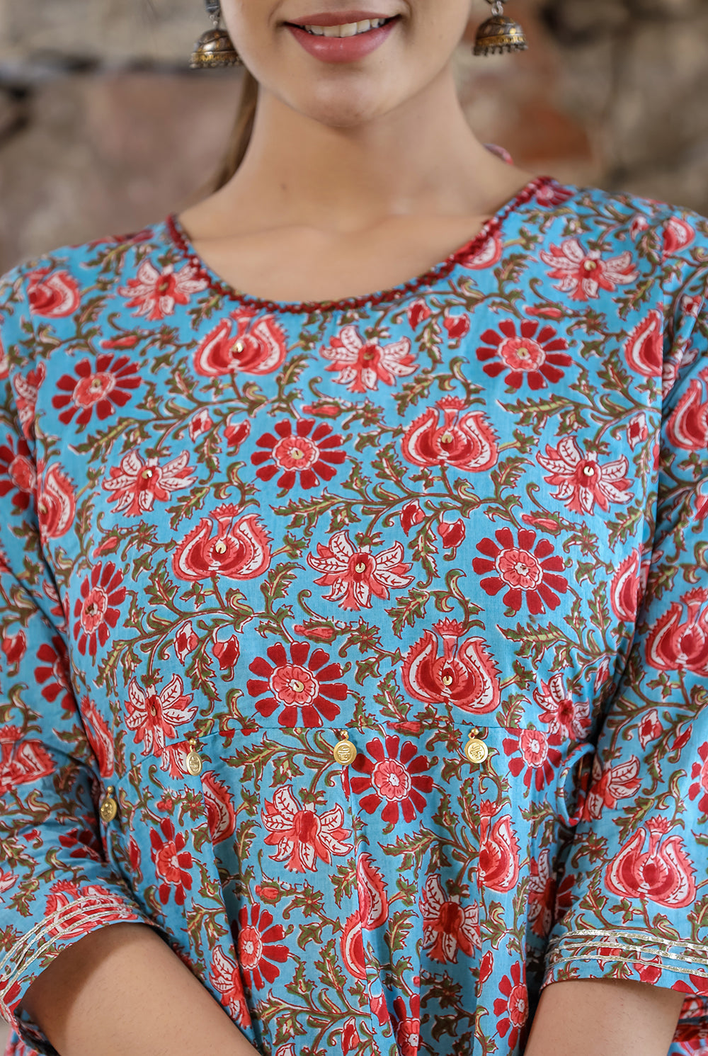 Kaajh Women's Blue Red Floral Printed Cotton Ethnic Dress | Grocsy