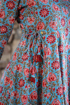 Kaajh Women's Blue Red Floral Printed Cotton Ethnic Dress | Grocsy