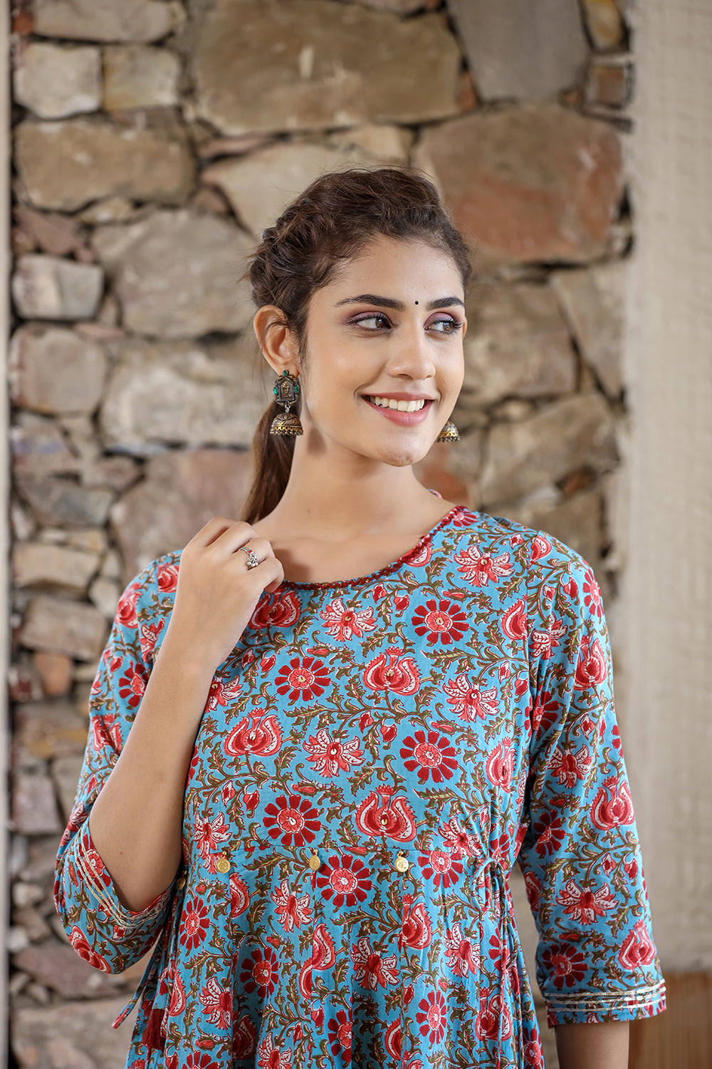 Kaajh Women's Blue Red Floral Printed Cotton Ethnic Dress | Grocsy