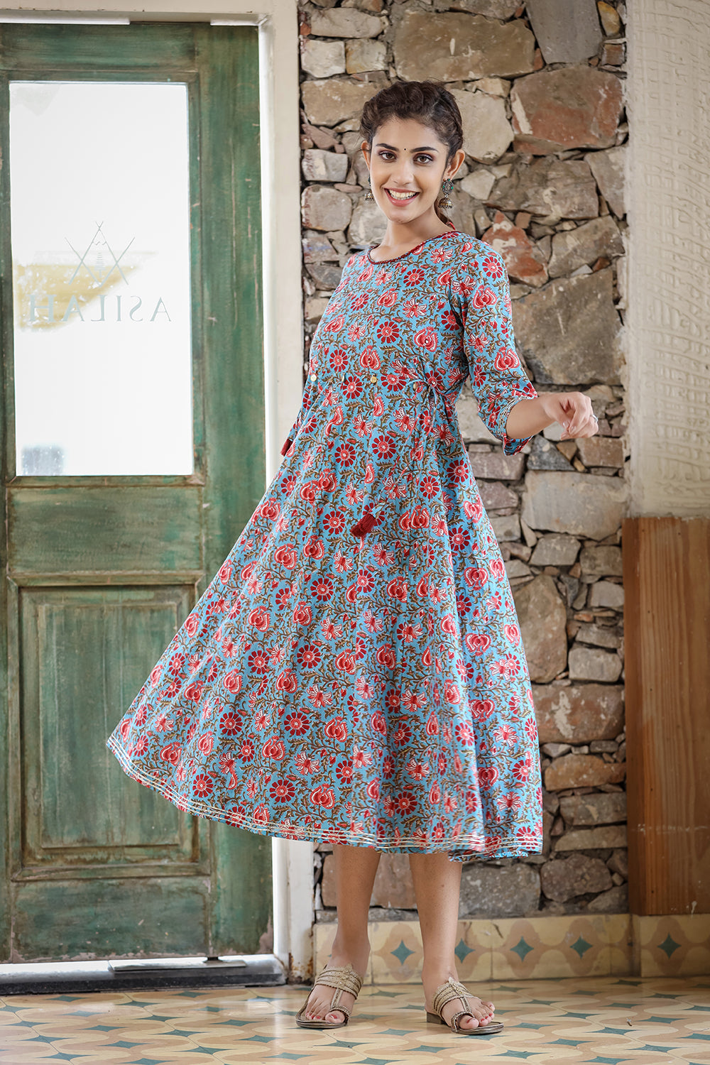 Kaajh Women's Blue Red Floral Printed Cotton Ethnic Dress | Grocsy