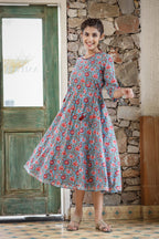 Kaajh Women's Blue Red Floral Printed Cotton Ethnic Dress | Grocsy