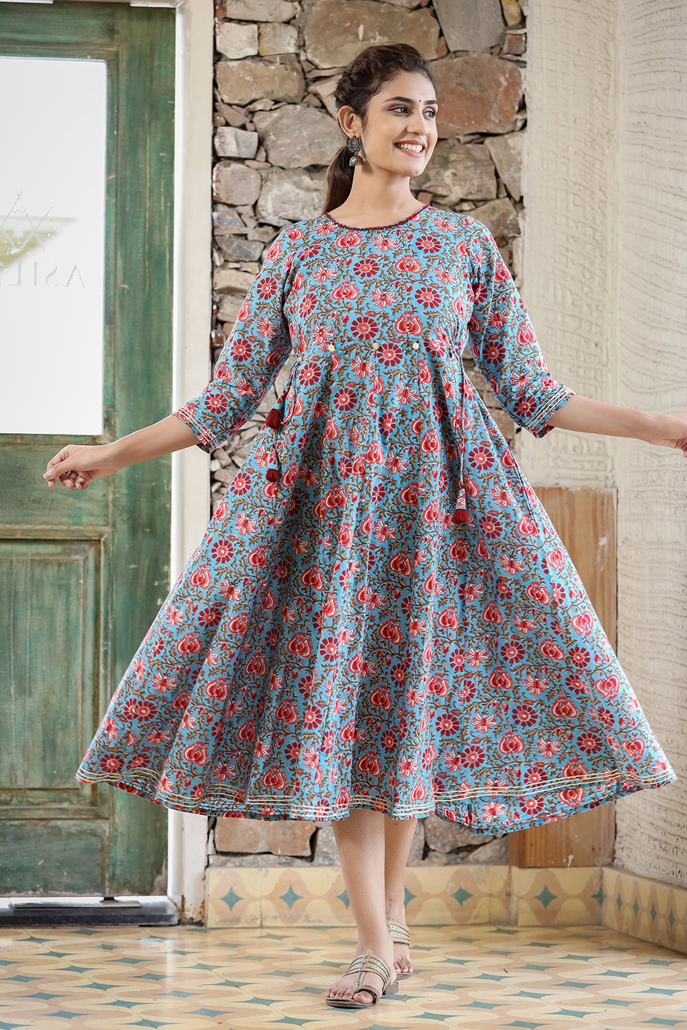 Kaajh Women's Blue Red Floral Printed Cotton Ethnic Dress | Grocsy