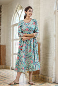 Kaajh Women's Light Green Floral Printed Cotton Ethnic Dress | Grocsy