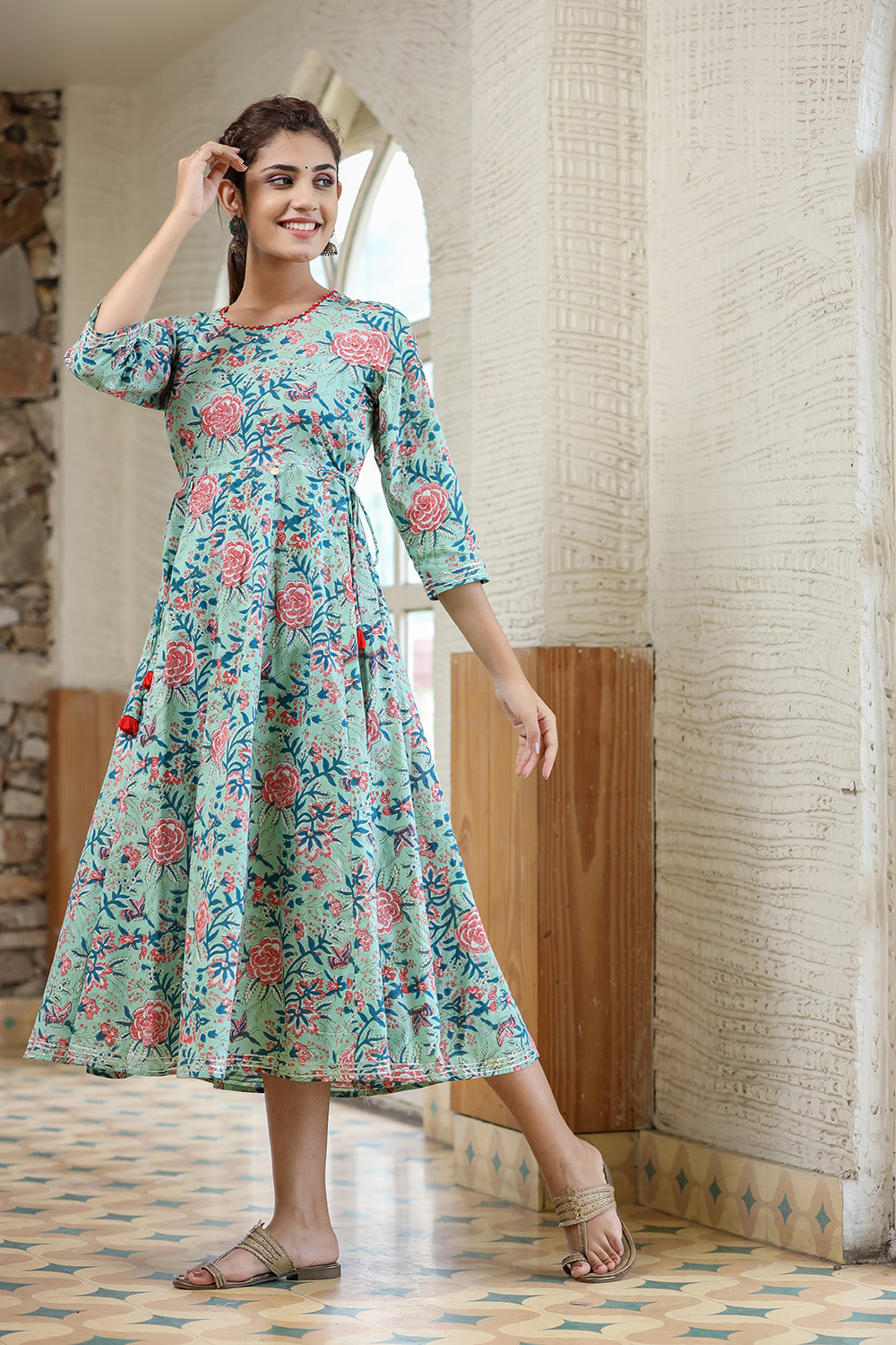 Kaajh Women's Light Green Floral Printed Cotton Ethnic Dress | Grocsy