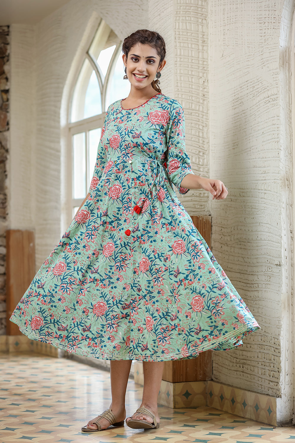 Kaajh Women's Light Green Floral Printed Cotton Ethnic Dress | Grocsy