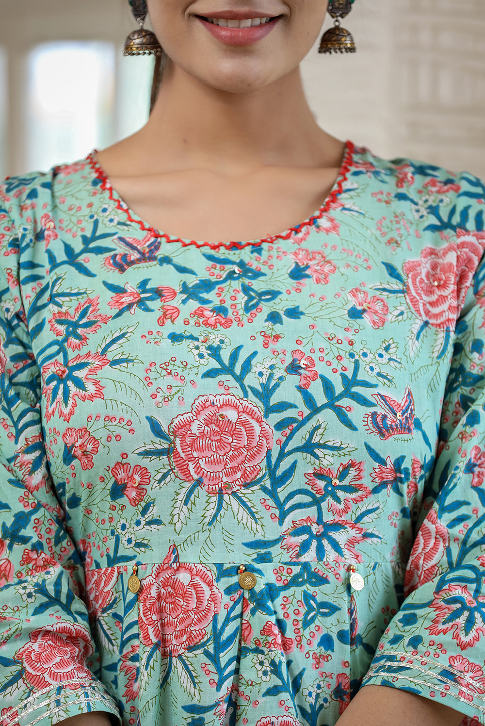 Kaajh Women's Light Green Floral Printed Cotton Ethnic Dress | Grocsy