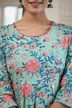 Kaajh Women's Light Green Floral Printed Cotton Ethnic Dress | Grocsy