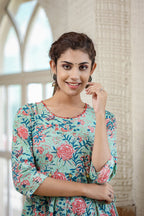 Kaajh Women's Light Green Floral Printed Cotton Ethnic Dress | Grocsy