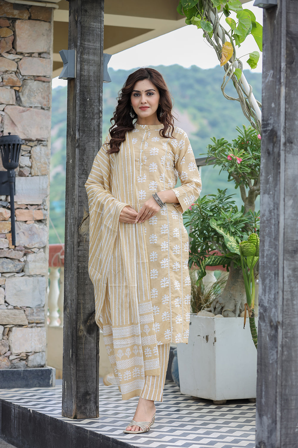 Kaajh Women's Light Brown Floral Printed Suit Set | Grocsy