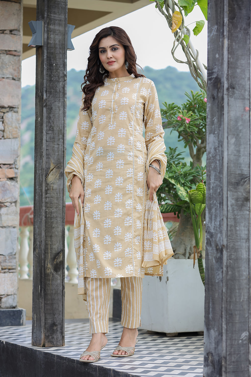 Kaajh Women's Light Brown Floral Printed Suit Set | Grocsy
