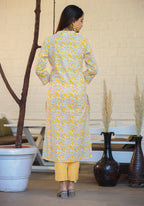 Kaajh Woman's Yellow Ethnic Print Cotton Kurta Pant Set With Dupatta | Grocsy