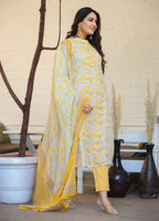 Kaajh Woman's Yellow Ethnic Print Cotton Kurta Pant Set With Dupatta | Grocsy