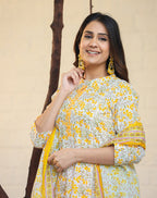 Kaajh Woman's Yellow Ethnic Print Cotton Kurta Pant Set With Dupatta | Grocsy