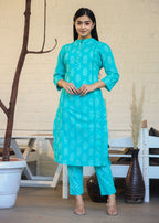 Kaajh Woman's Turqouise Green Block Print Cotton Kurta Pant Set With Dupatta | Grocsy