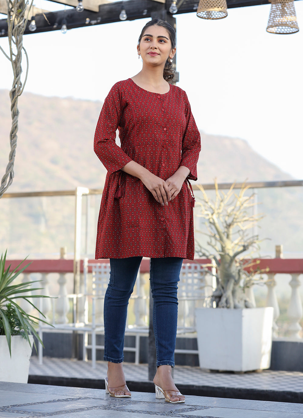 Kaajh Maroon Printed Shirt Style Cotton Tunic | Grocsy