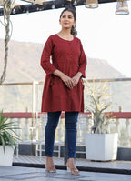 Kaajh Maroon Printed Shirt Style Cotton Tunic | Grocsy