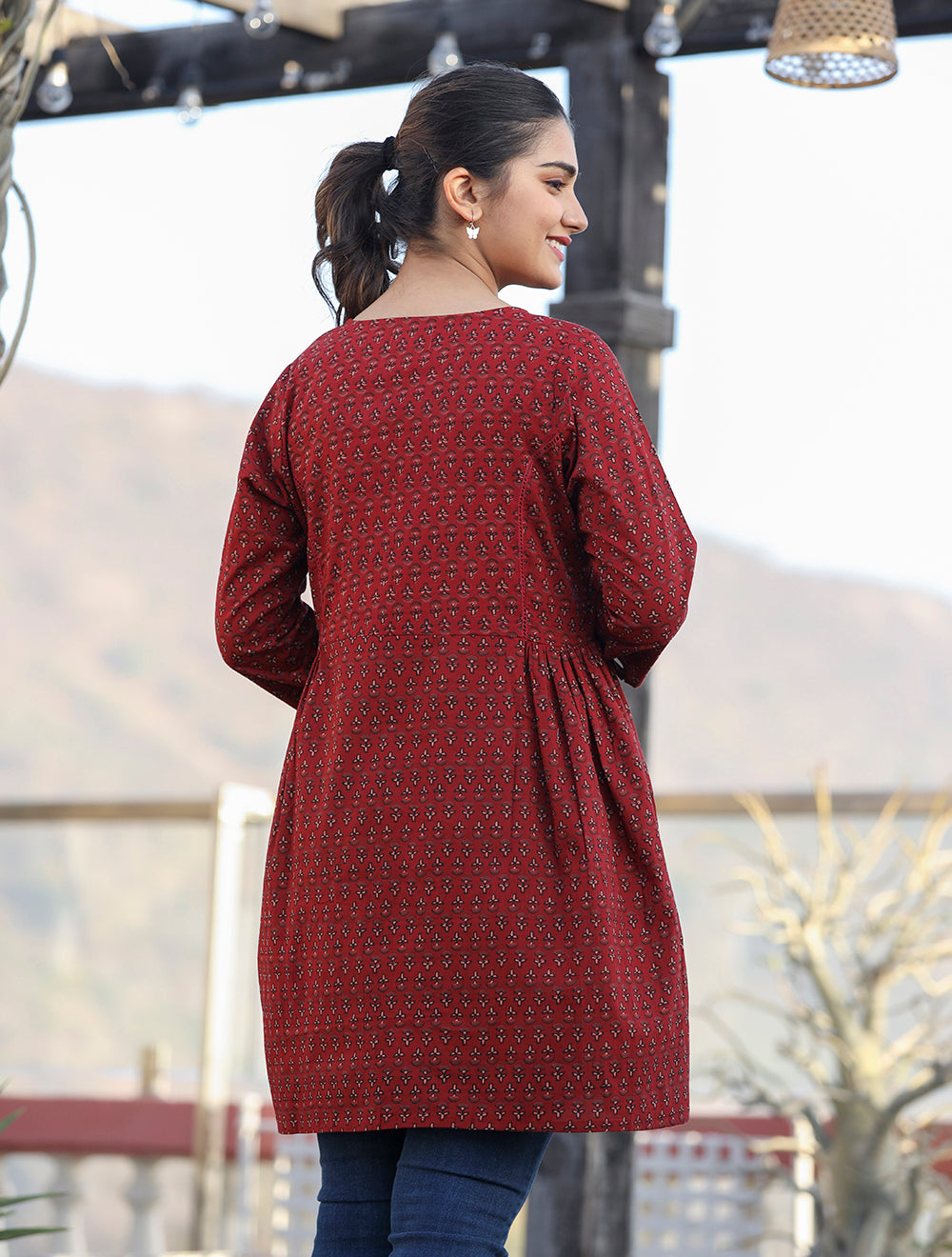 Kaajh Maroon Printed Shirt Style Cotton Tunic | Grocsy