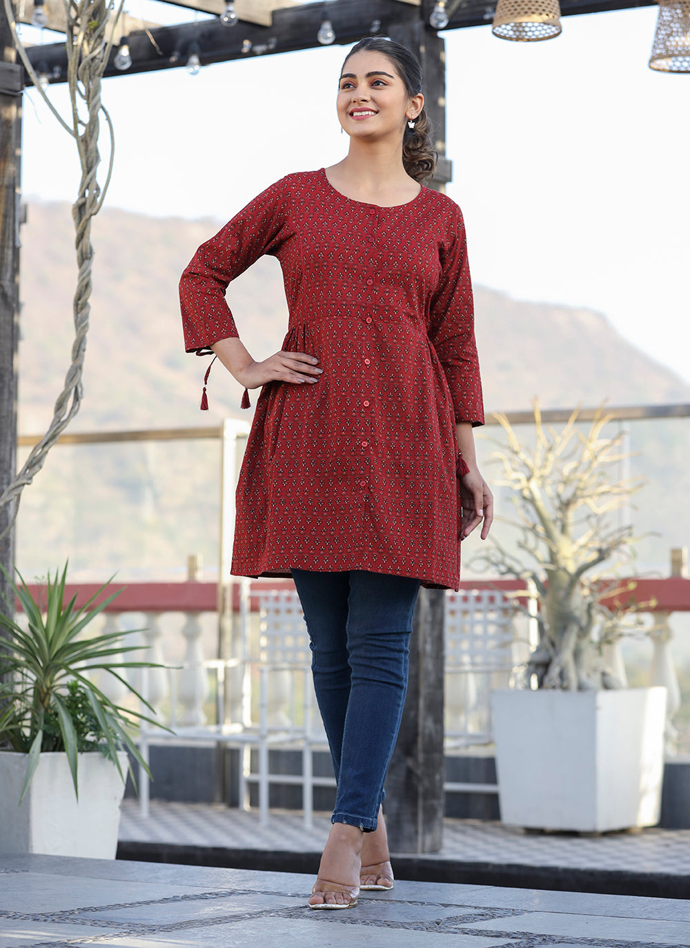 Kaajh Maroon Printed Shirt Style Cotton Tunic | Grocsy