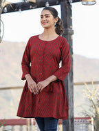 Kaajh Maroon Printed Shirt Style Cotton Tunic | Grocsy