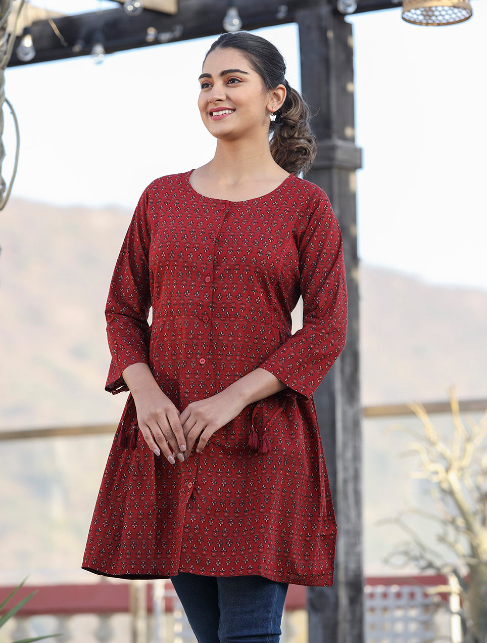 Kaajh Maroon Printed Shirt Style Cotton Tunic | Grocsy