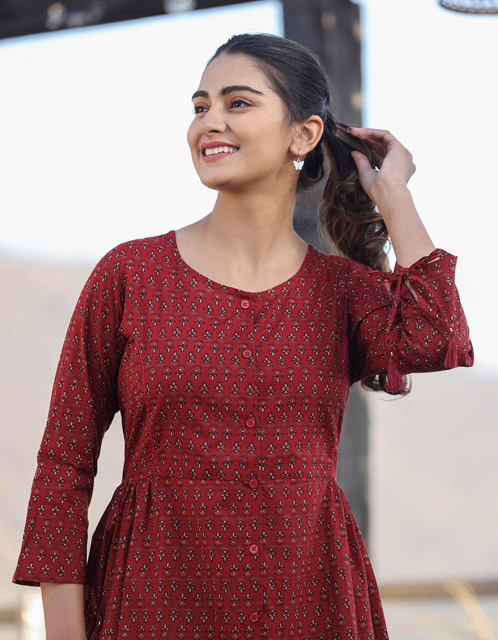 Kaajh Maroon Printed Shirt Style Cotton Tunic | Grocsy