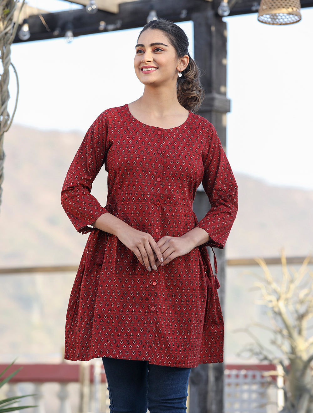 Kaajh Maroon Printed Shirt Style Cotton Tunic | Grocsy