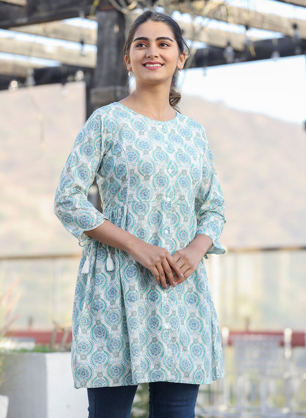 Kaajh Off White Green Printed Shirt Style Cotton Tunic | Grocsy