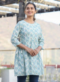 Kaajh Off White Green Printed Shirt Style Cotton Tunic | Grocsy