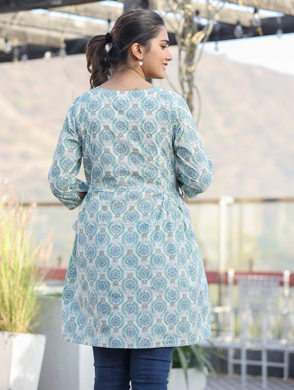 Kaajh Off White Green Printed Shirt Style Cotton Tunic | Grocsy